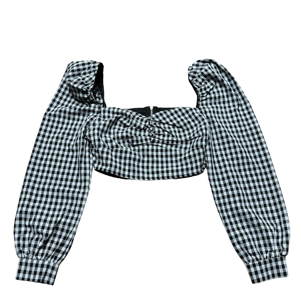 Missguided Puff Sleeve Corset Gingham Crop Top Black White L/S Size 10 Large NEW